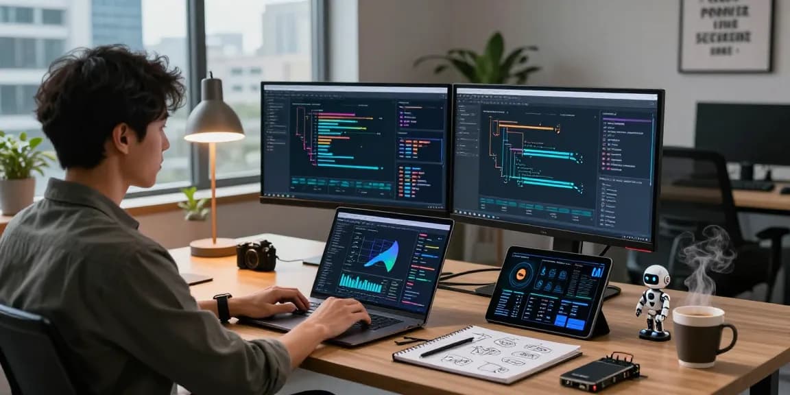 Data scientist working with advanced machine learning tools on dual monitors in a modern workspace, showcasing innovation and analysis.