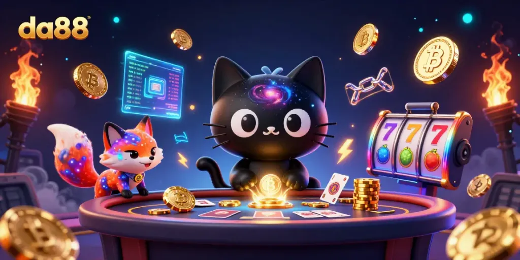 Engage in da88 gameplay with a cosmic casino scene featuring vibrant characters and floating cryptocurrency elements.