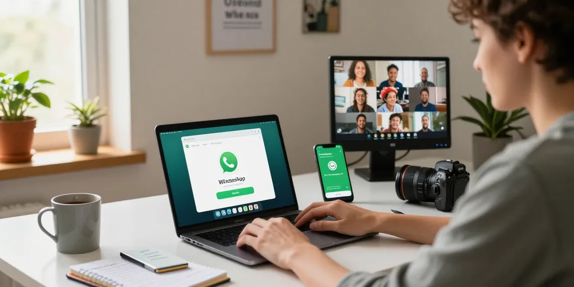 Engaged user on WhatsApp電腦版 in a modern home office setting.