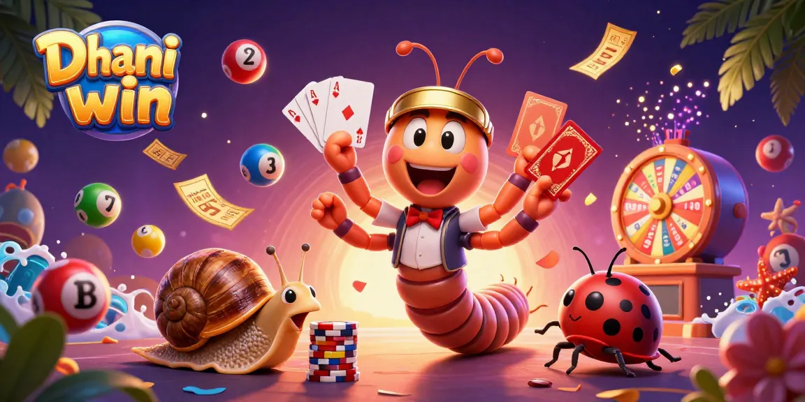 Dhani win celebrates thrilling gameplay with vibrant characters and lottery excitement in colorful casino illustration