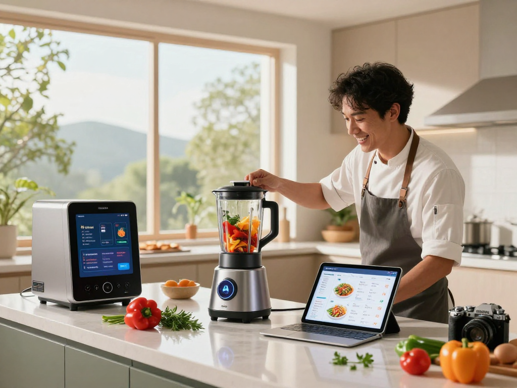 Chef using spicy AI technology in a modern kitchen with vibrant ingredients and smart appliances.