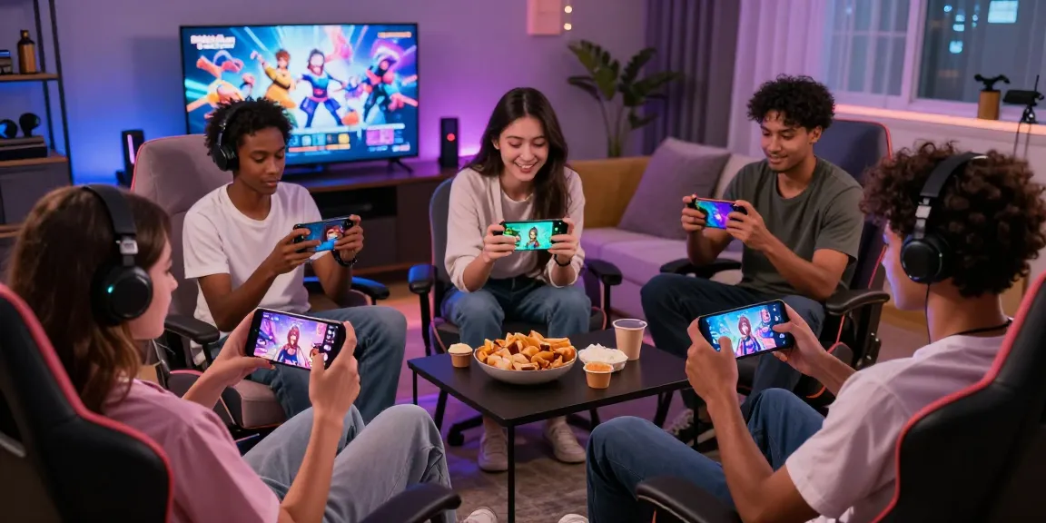 Group enjoying free mobile hentai games on their smartphones in a cozy gaming environment.