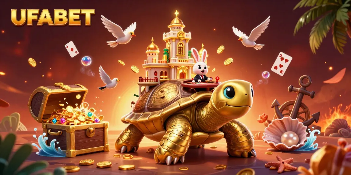 Experience thrilling poker action at UFABET with a vibrant undersea casino scene featuring golden turtles and playful dealers.