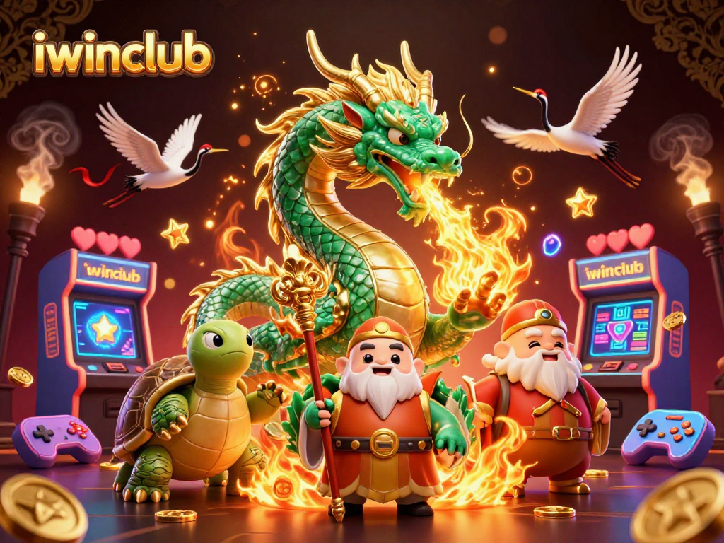 Engage with iwinclub's thrilling gaming world featuring a jade dragon and dynamic arcade elements.
