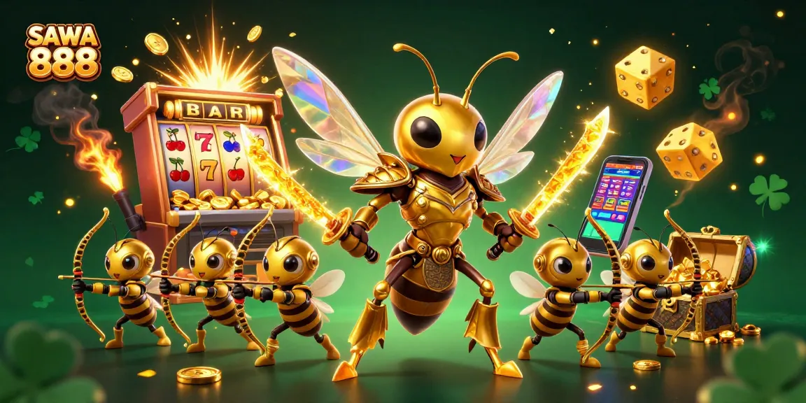 Play exciting slots at SAWA 888 with a vibrant cartoon scene of a golden hornet and jackpot explosions.