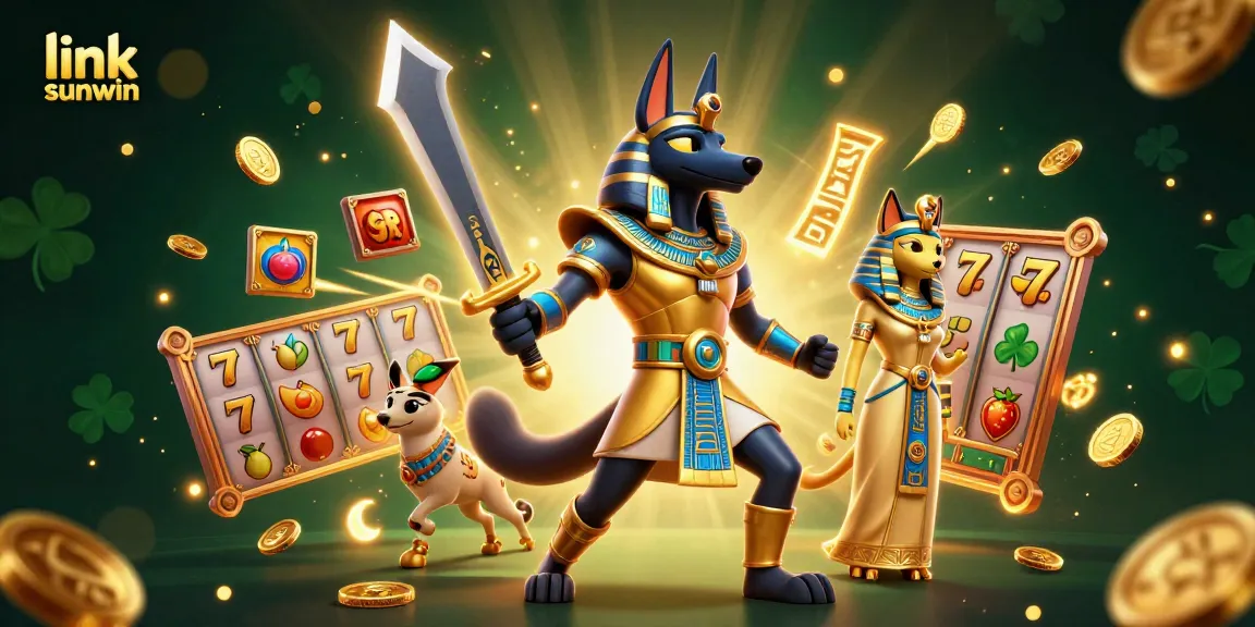 Engage with link sunwin in this vibrant 3D casino scene featuring Anubis, Bastet, and thrilling slot game elements.