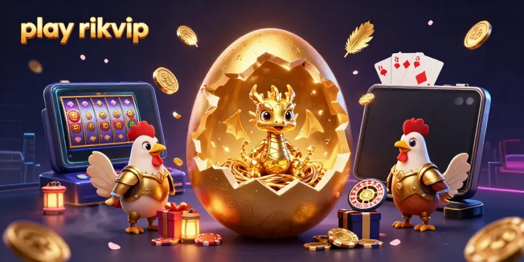 Engage in thrilling gameplay as you play rikvip with a golden dragon, poker chips, and vibrant casino elements.