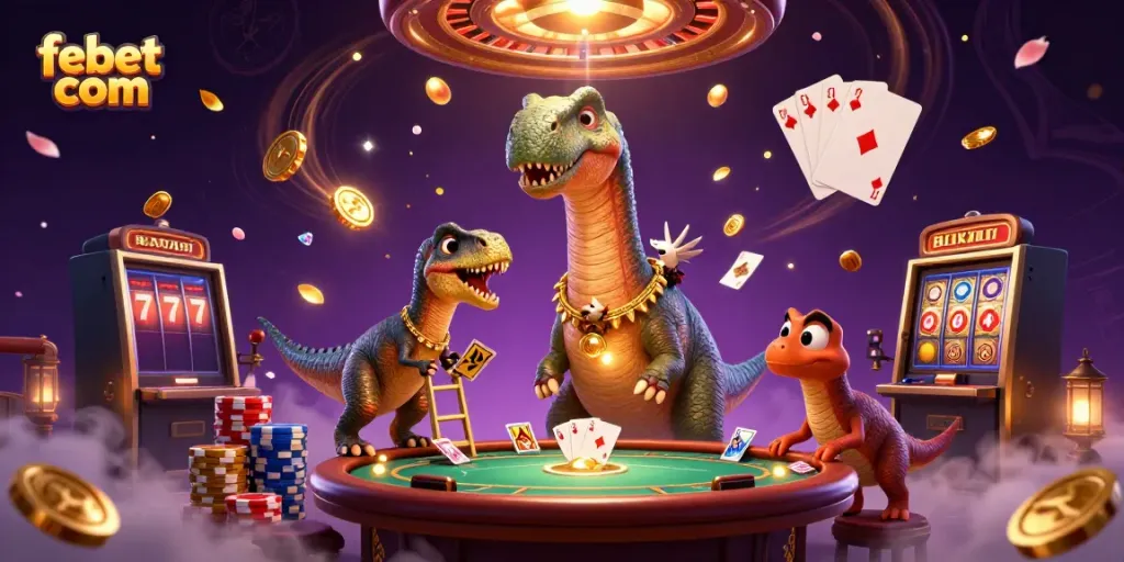 Experience the vibrant excitement of febet com with a brontosaurus and raptor in a dynamic casino scene.