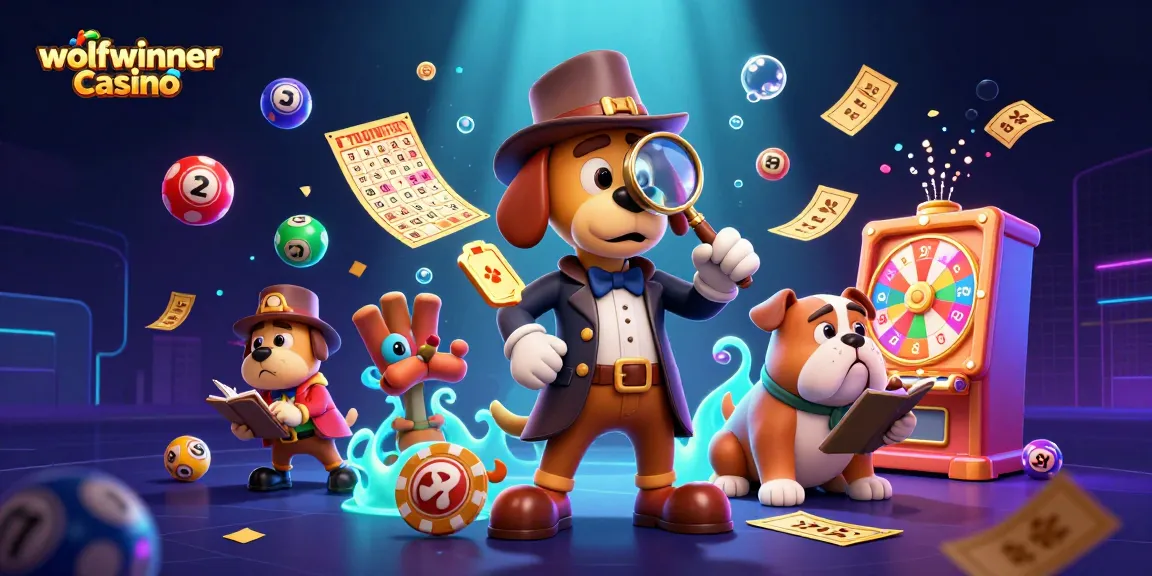 Engage with thrilling moments at wolfwinner casino featuring a detective scene with colorful lottery balls.