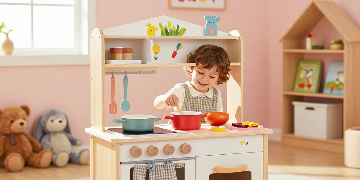 Child cooking in a vibrant wooden kitchen set with playful props
