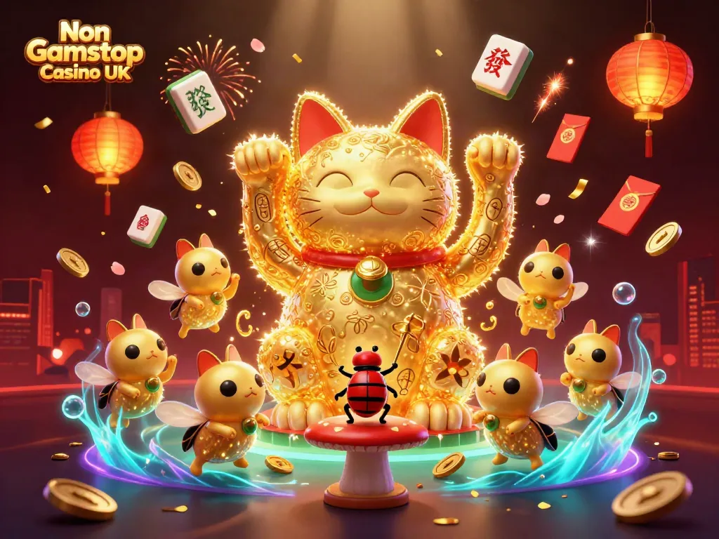 Experience the vibrant world of Non Gamstop Casino UK with golden fireflies and casino symbols in this stunning illustration.