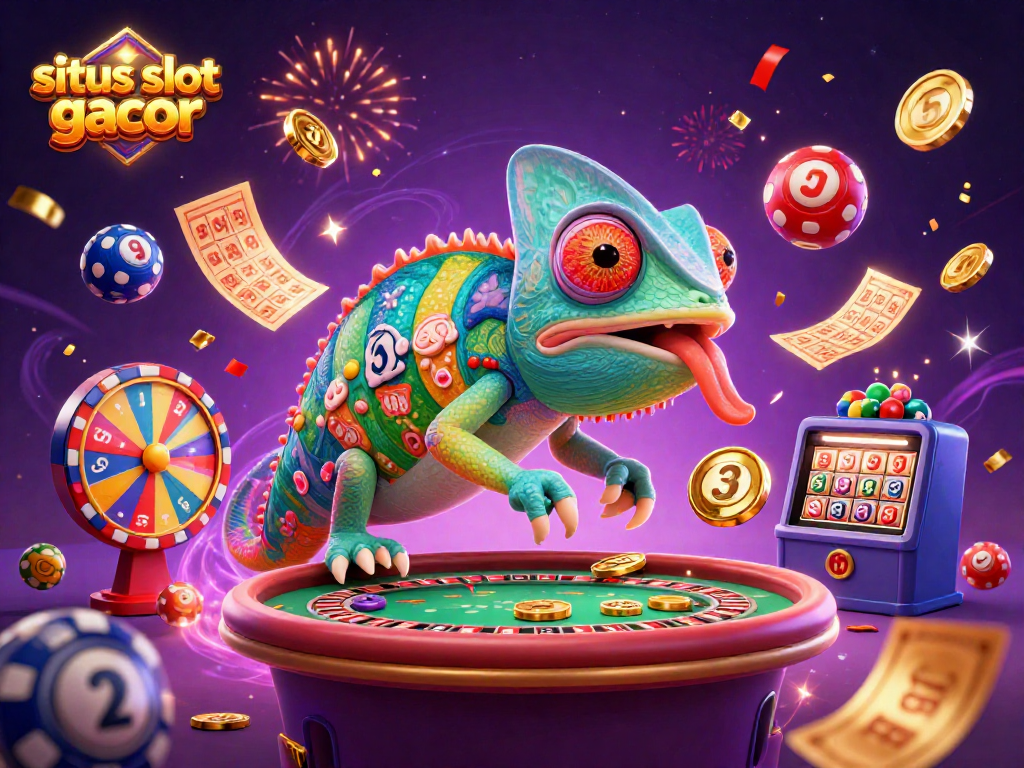 Visualize excitement with situs slot gacor as a chameleon owner captures golden coins amidst vibrant games.