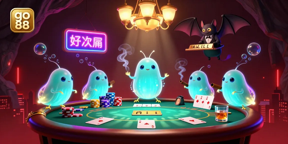 Experience go 88 with colorful glowworms illuminating a bustling cave casino scene rich in poker elements.