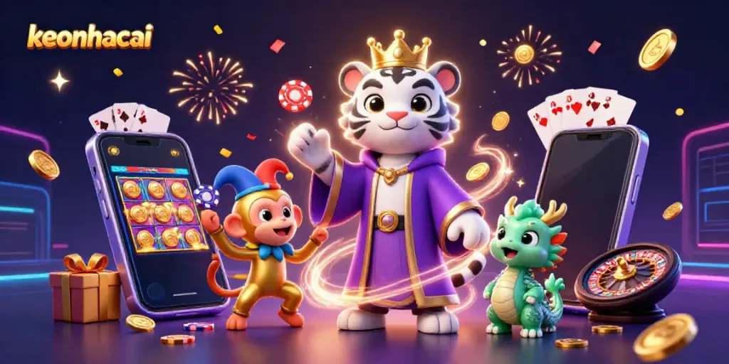 Engage in keonhacai betting with a lively scene featuring a royal tiger, jester monkey, and dragon amidst casino elements.