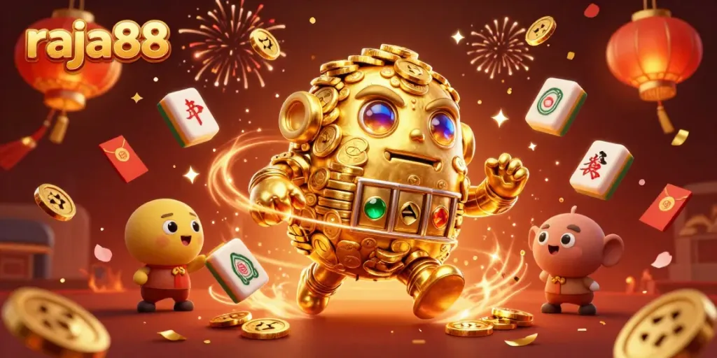 Experience the excitement of raja88 with a golden golem and festive casino-themed elements.