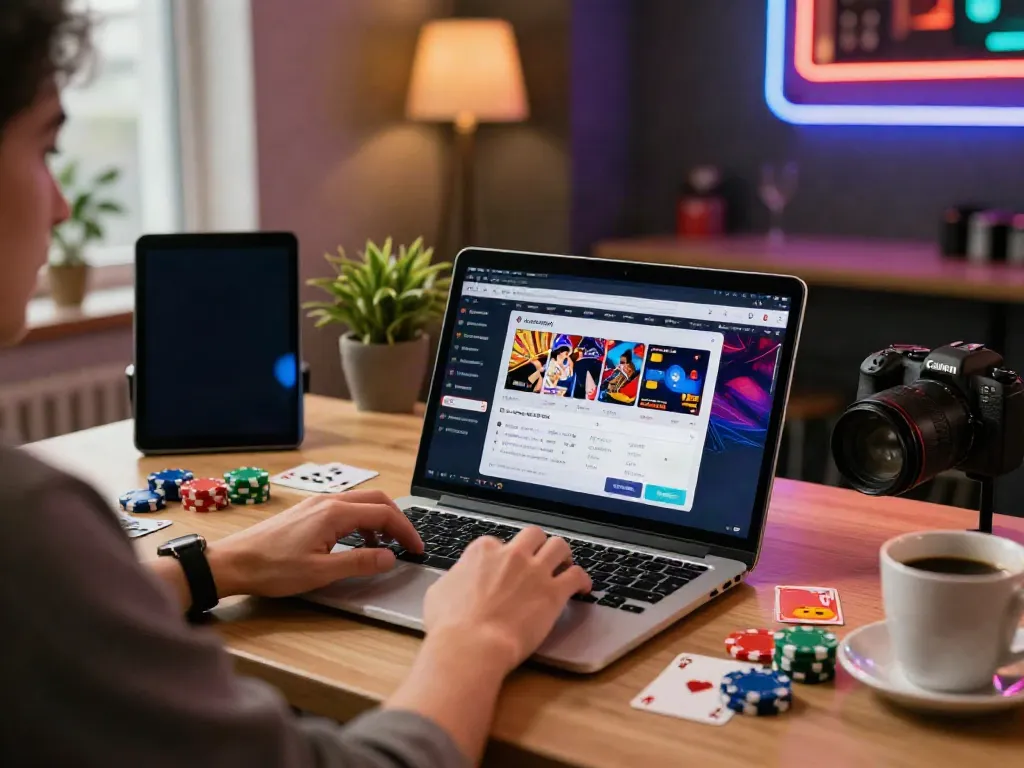 Credit card casino sites displayed on a laptop in a vibrant online gaming environment with casino decor.