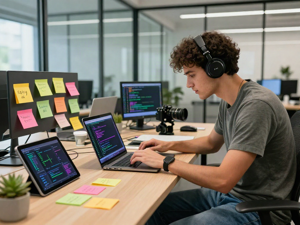Engaging tech workspace featuring a coder focused on spicy ai innovations with vibrant code and tech gadgets.