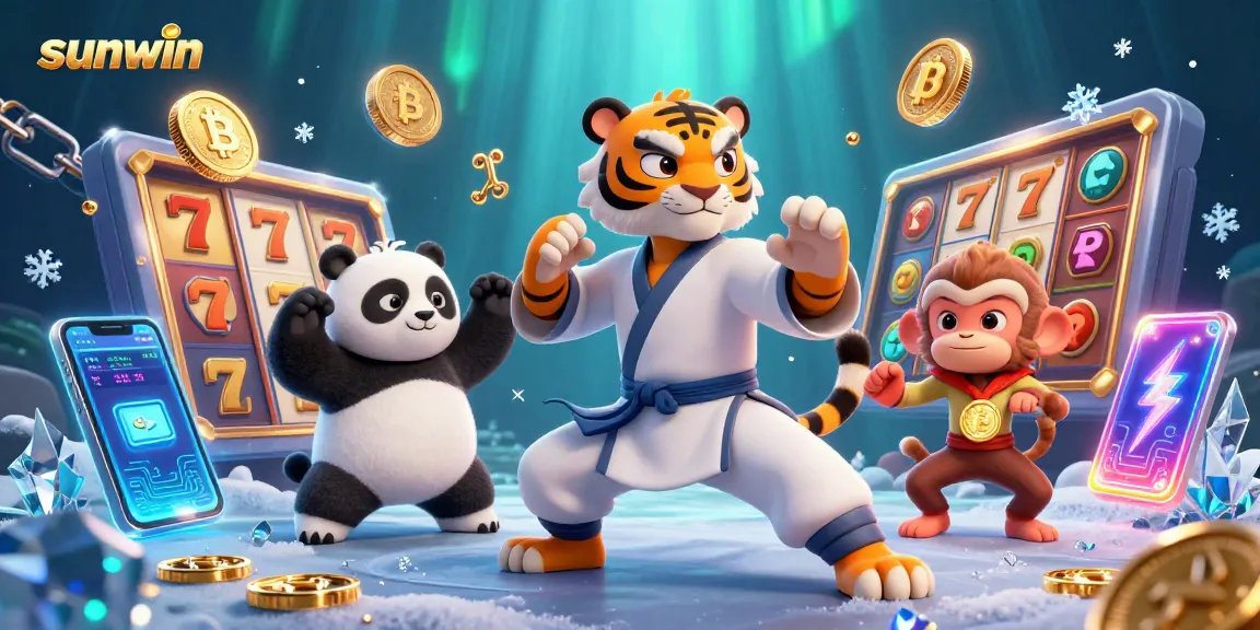 Engage in thrilling gameplay with sunwin while enjoying a vibrant illustration of a kung fu tiger, panda, and monkey surrounded by exciting casino elements.