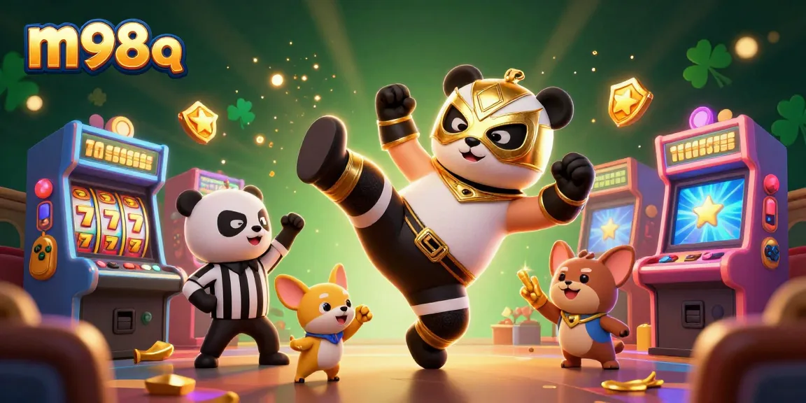 Join the m98 q action as a panda wrestler kicks, with colorful casino elements and a vibrant crowd!