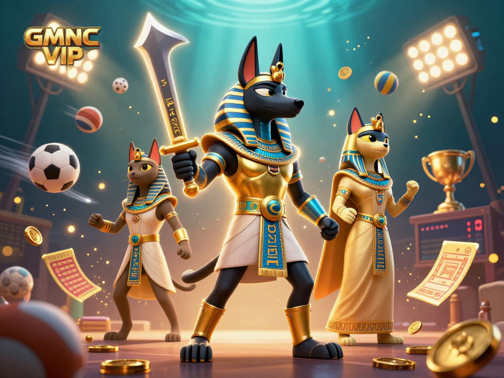 Win big with GMNC VIP in this vibrant casino illustration, featuring Anubis and Bastet.