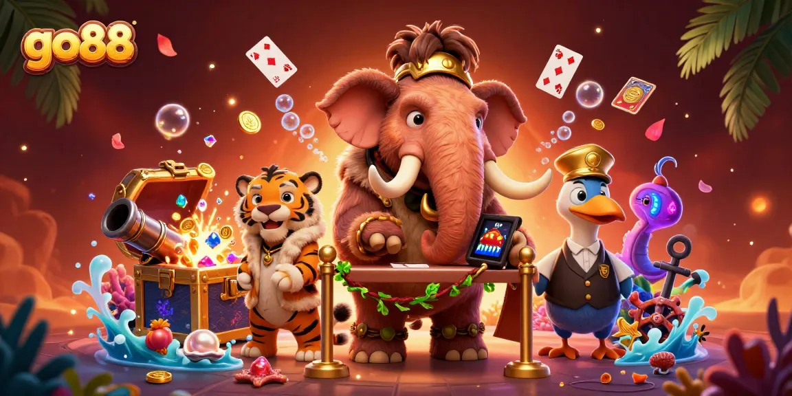Enjoy a vibrant gaming experience at go88 with a lively casino scene featuring a mammoth bouncer and a saber-tooth VIP.
