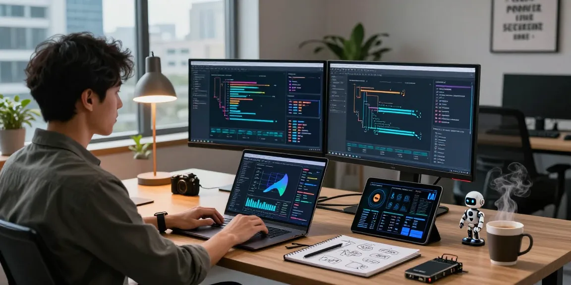 Data scientist working with advanced machine learning tools on dual monitors in a modern workspace, showcasing innovation and analysis.