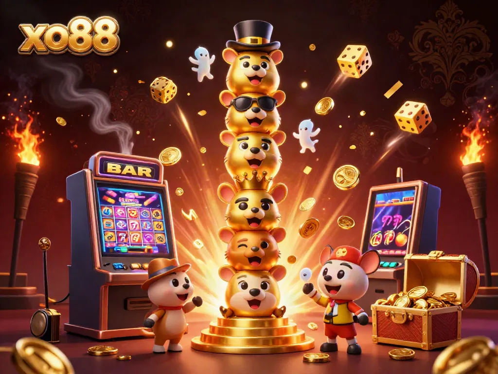 Experience exciting gameplay with xo88's vibrant slot machine and totem character in a dynamic casino scene.