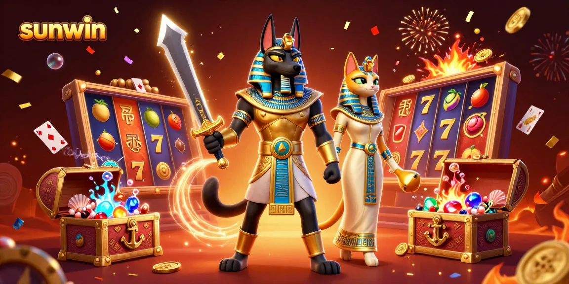 Experience thrills at sunwin casino with Anubis and Bastet surrounded by vibrant slot games and treasures.