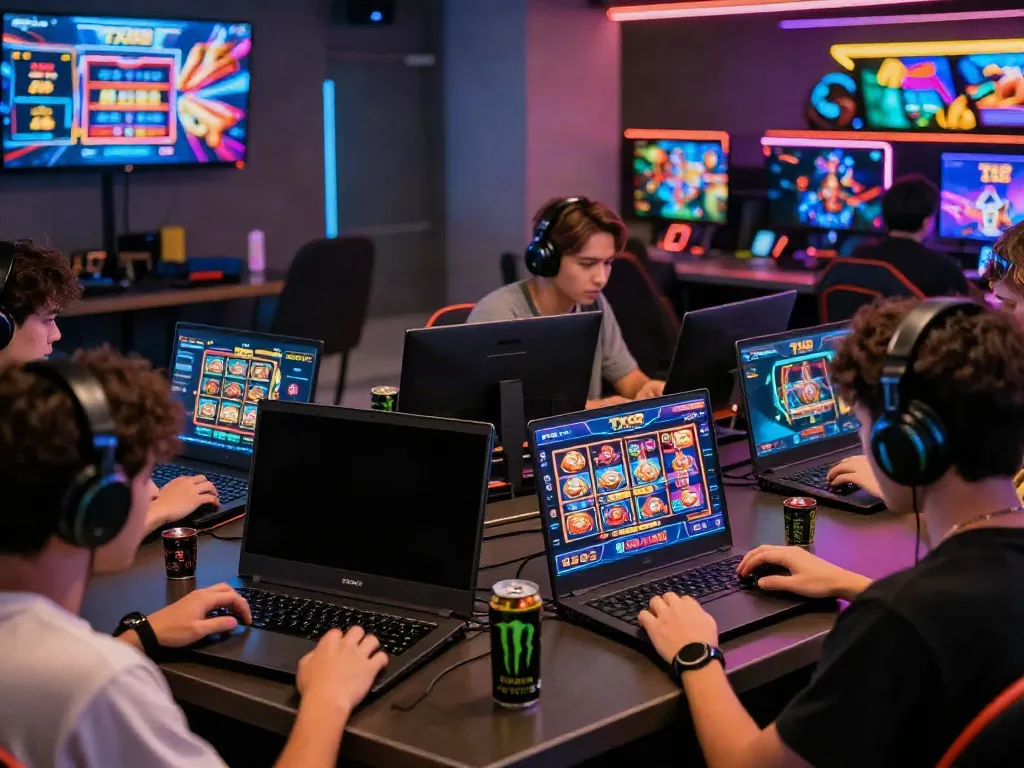 Engaging gaming scene of players using TX88 on multiple devices, showcasing excitement and modern technology.