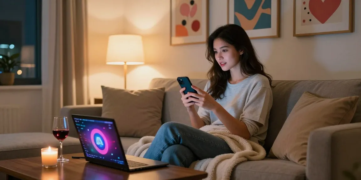 Cozy AI sexting scene with a young woman chatting with her AI companion on a smartphone, reflecting modern digital intimacy.