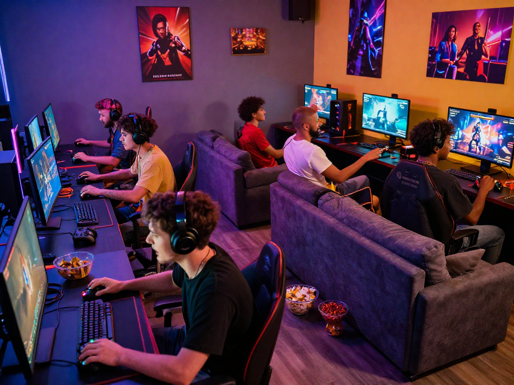 Enjoy immersive real porn games in a lively gaming lounge filled with diverse players and vibrant screens.