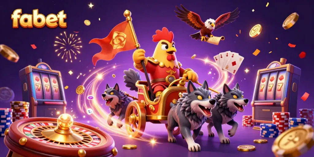 Experience the thrill of fabet with golden coins cascading and characters celebrating victory.