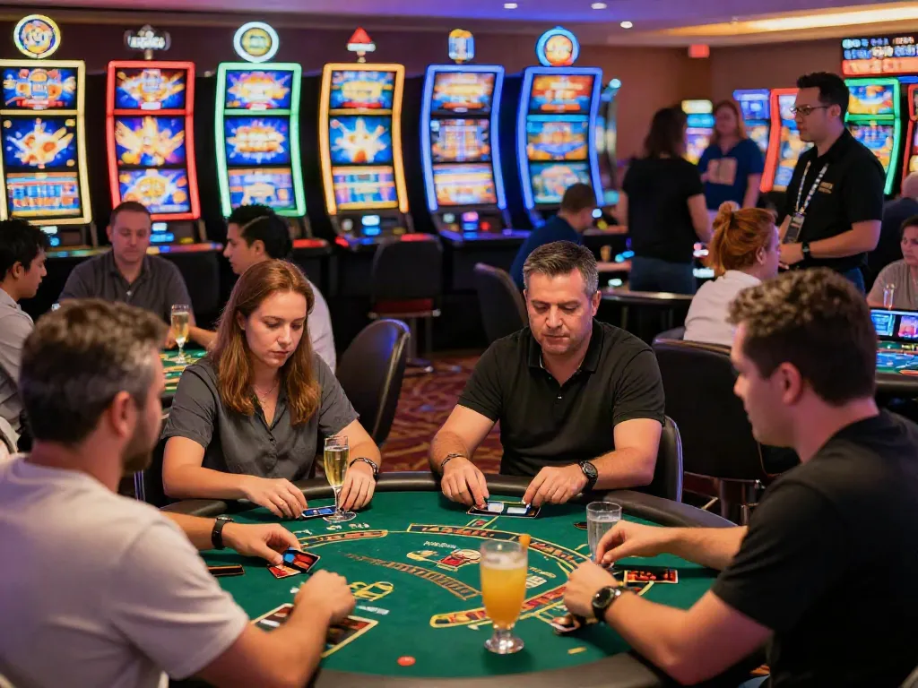 Exciting casino scene featuring players at credit card slots, joyful engagement with vibrant slot machines.