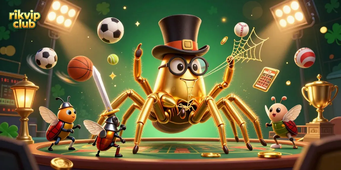 Experience thrilling moments at rikvip club with golden tarantula and beetle knight under radiant gaming lights.