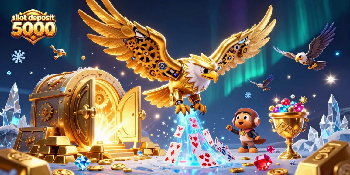 Engage with slot deposit 5000 through a dynamic 3D illustration showcasing gambling excitement and treasures.